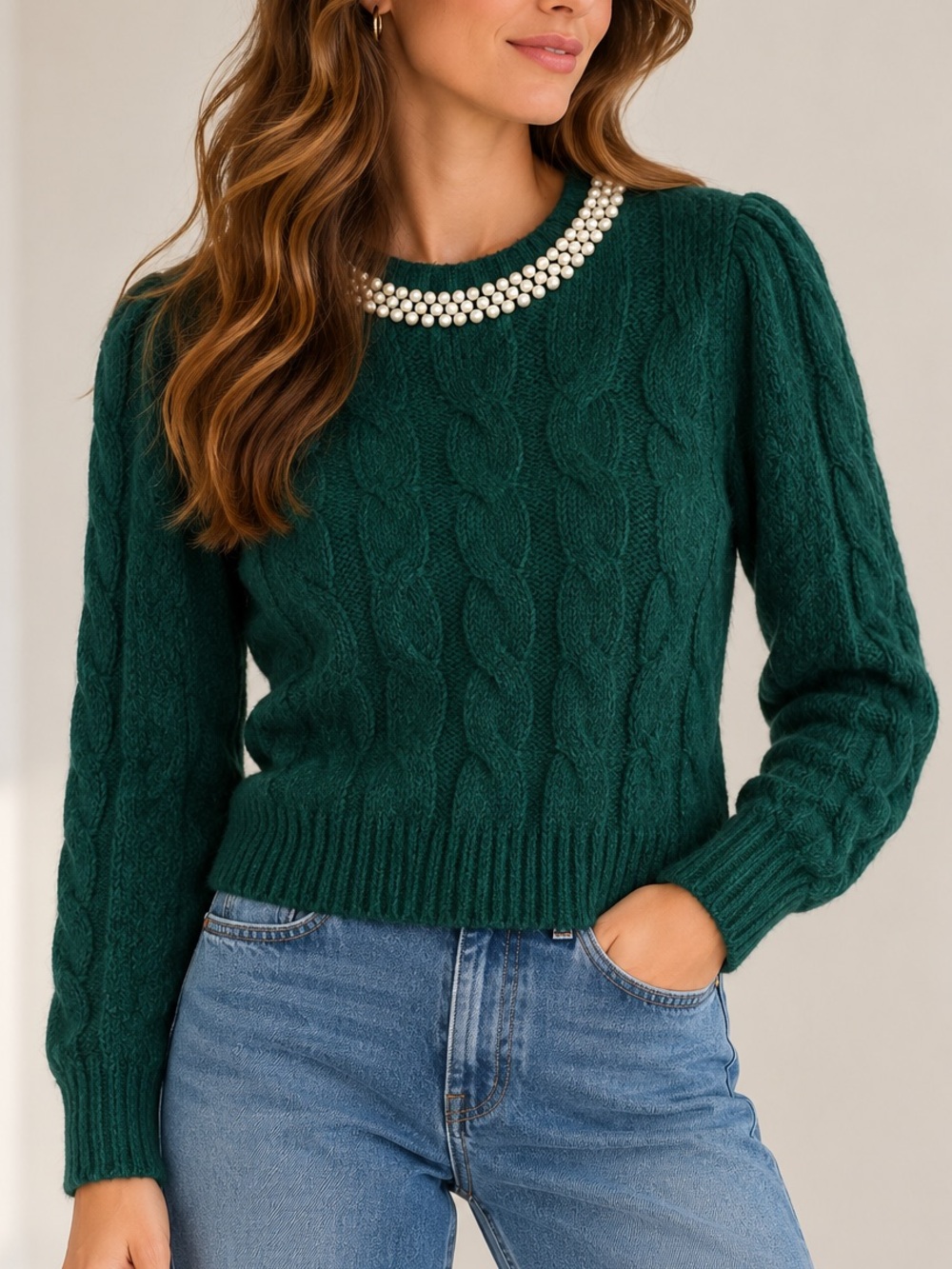 Dixie Made in Italy Pearl Detail Cable Knit Sweater Green Wool Blend S